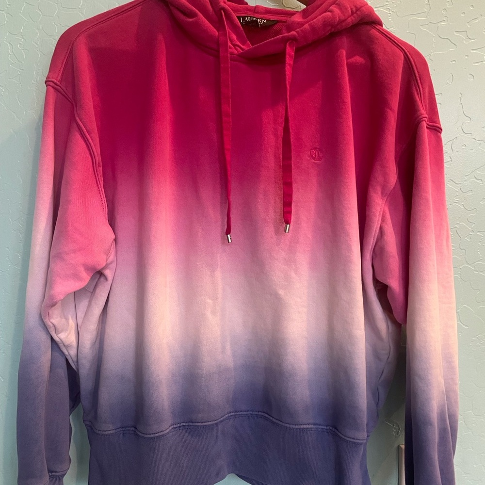 Lauren Ralph Lauren Womens M Stitched Tie Dye Ombre Pink Blue Sweatshirt Hoodie